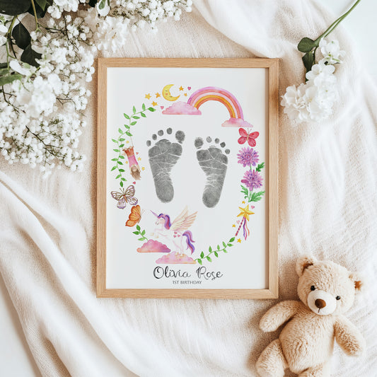 Rainbows and Unicorns Baby Footprint Keepsake Poster