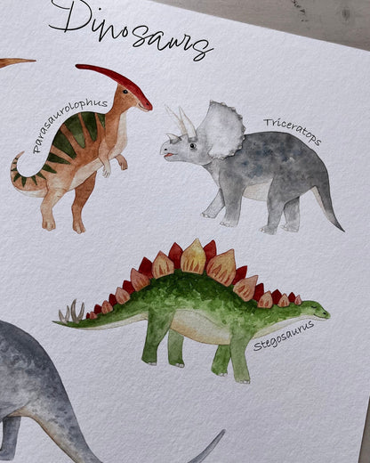 A watercolor dinosaur art print featuring labeled illustrations of dinosaurs including Stegosaurus, Triceratops, and others, photographed on a light wood surface.