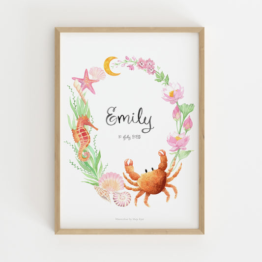 Framed artwork with 'Emily' and a floral wreath design on a white background