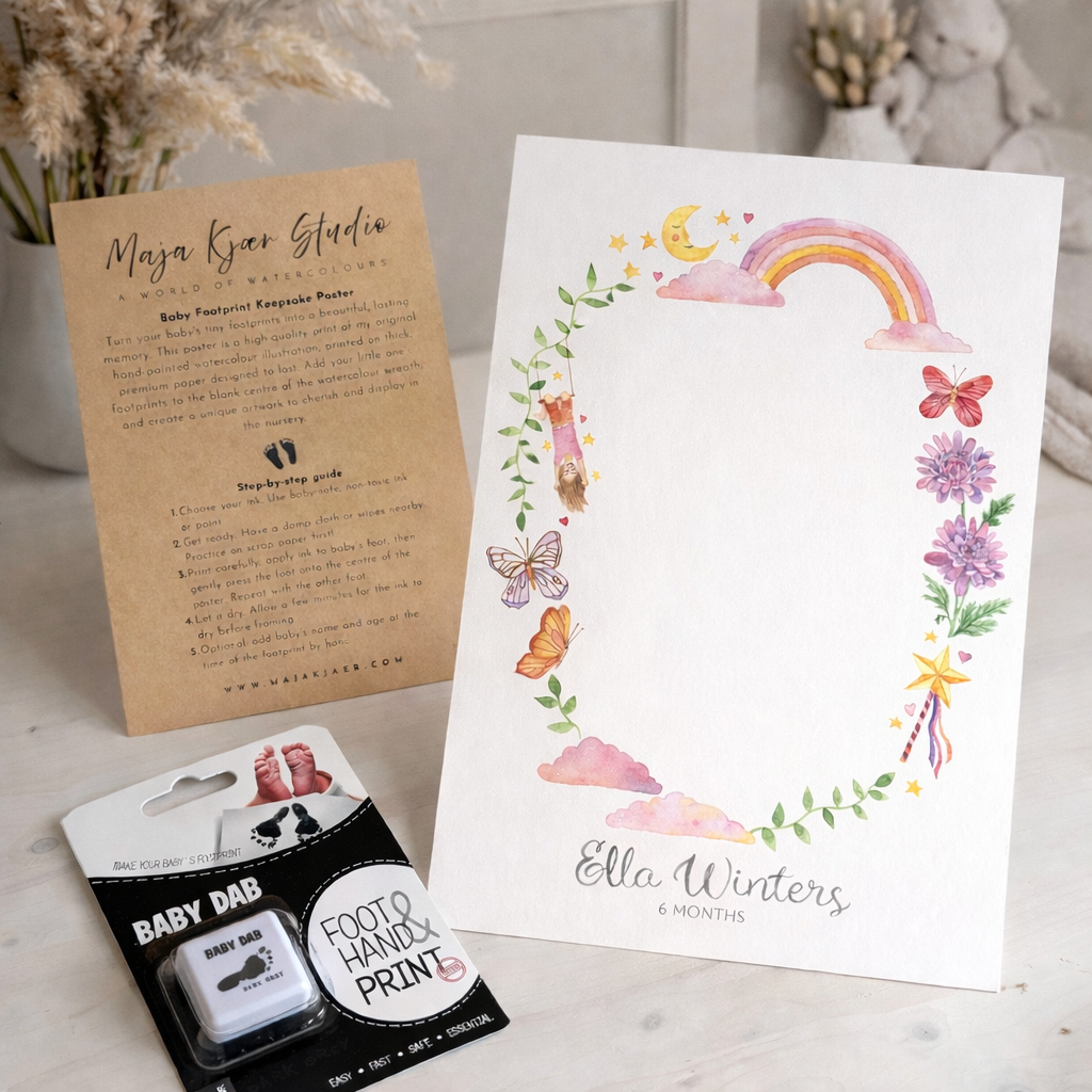 Rainbows and Unicorns Baby Footprint Keepsake Poster