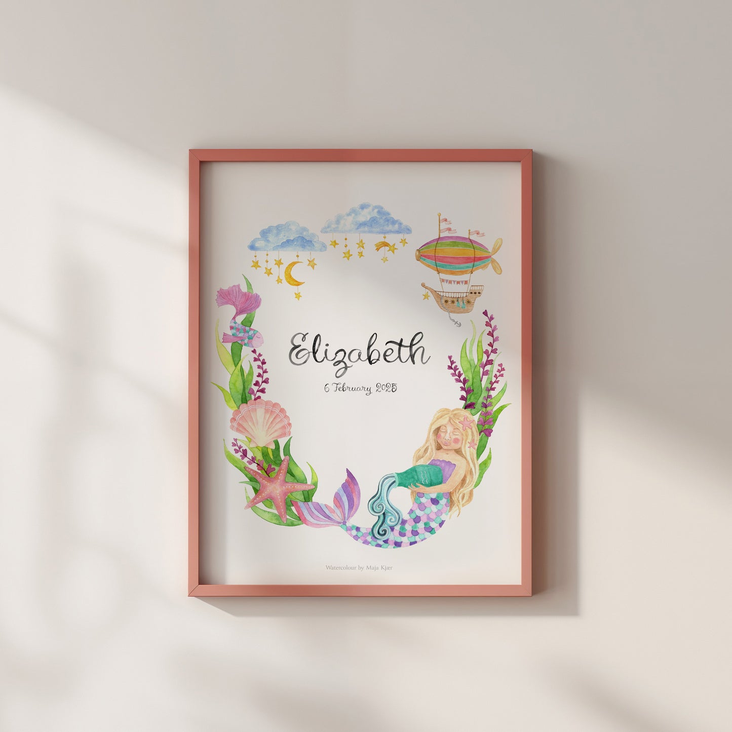 Watercolour Aquarius zodiac poster featuring a mermaid surrounded by sea life and sea grass, personalised with baby name and birth info