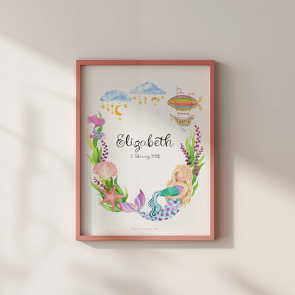 Watercolour Aquarius zodiac poster featuring a mermaid surrounded by sea life and sea grass, personalised with baby name and birth info