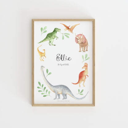 Framed print with dinosaur illustrations on a white wall