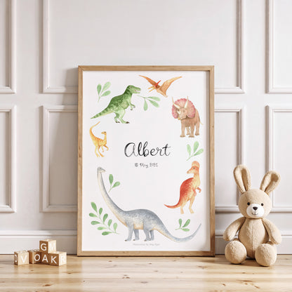 Framed dinosaur illustration with 'Albert' on a wall with a teddy bear and wooden blocks below.