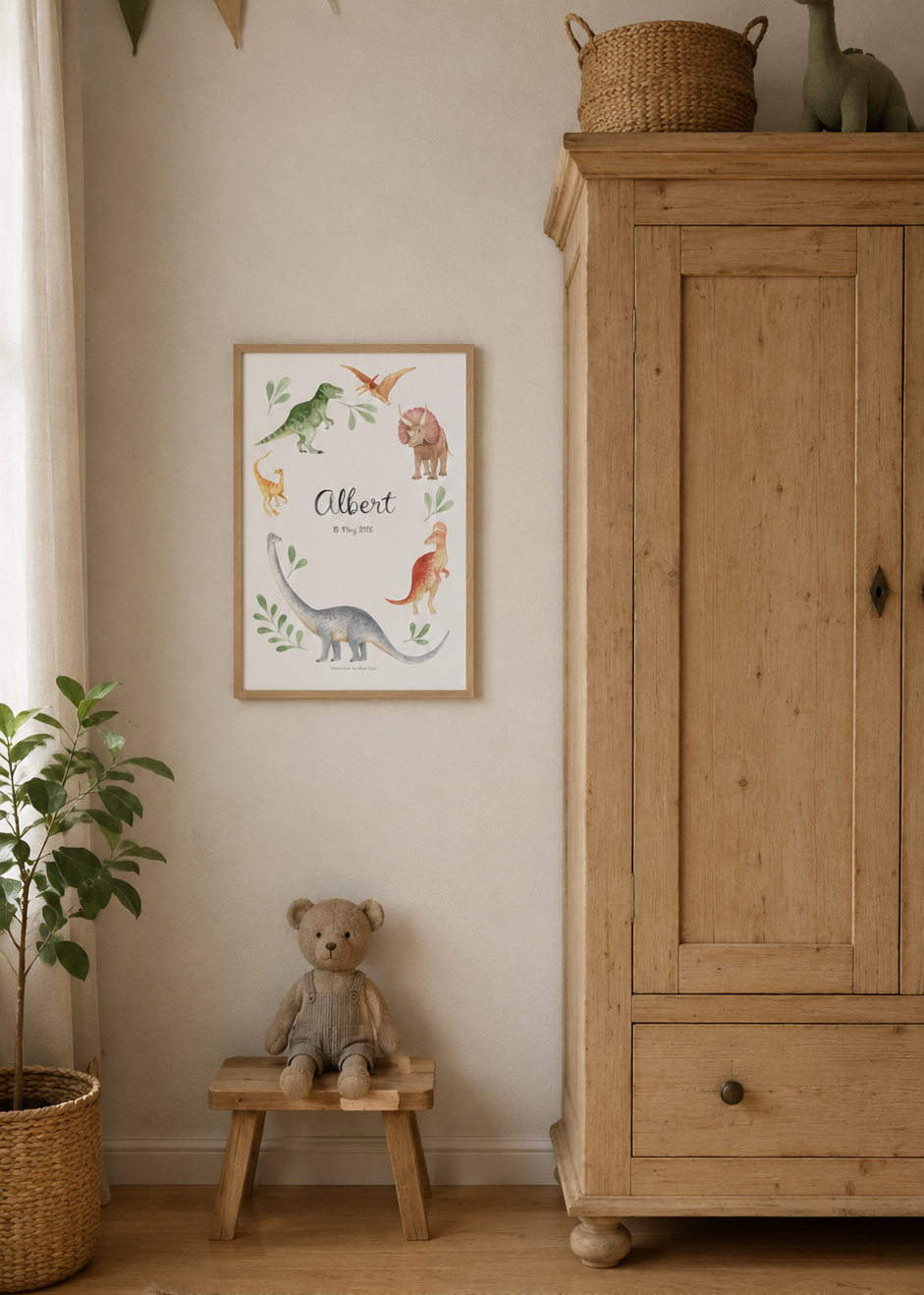 Nursery room with wooden wardrobe, teddy bear, and children's poster on wall.