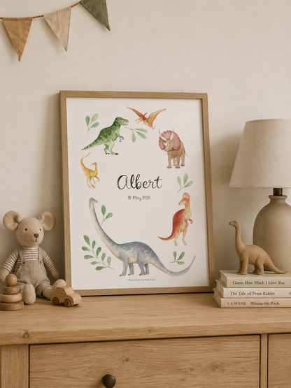 Framed dinosaur print on a wooden dresser with toys and books.