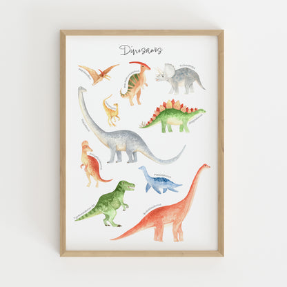 A framed watercolor dinosaur art print titled 'Dinosaur' on a white background, featuring multiple colorful illustrated dinosaurs in a light wood frame.