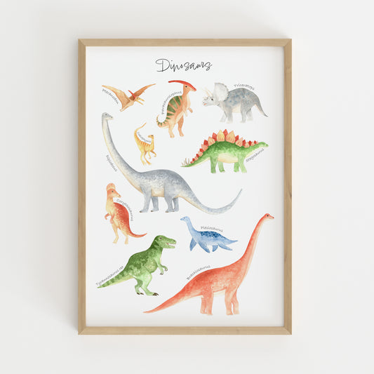 A framed watercolor dinosaur art print titled 'Dinosaur' on a white background, featuring multiple colorful illustrated dinosaurs in a light wood frame.