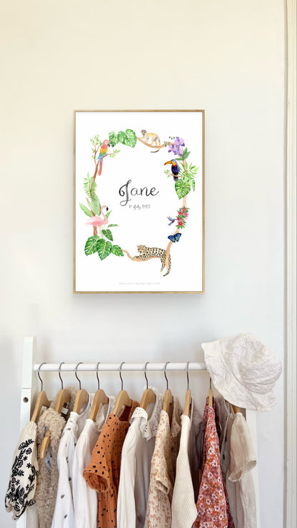 Jungle animals name & birth print