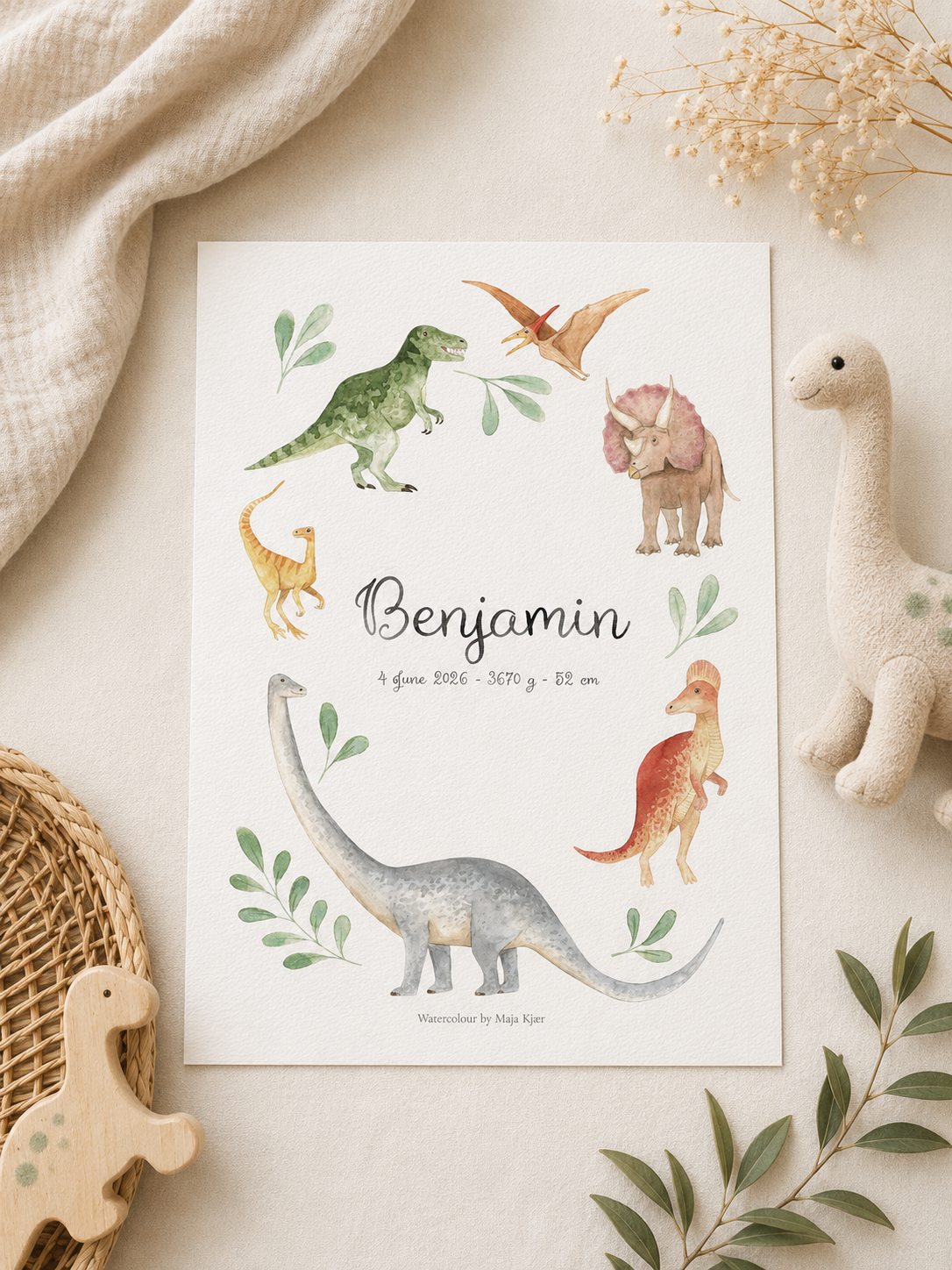 Poster with dinosaur illustrations and text on a beige surface with decorative elements.