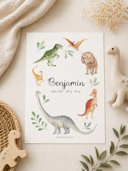 Poster with dinosaur illustrations and text on a beige surface with decorative elements.