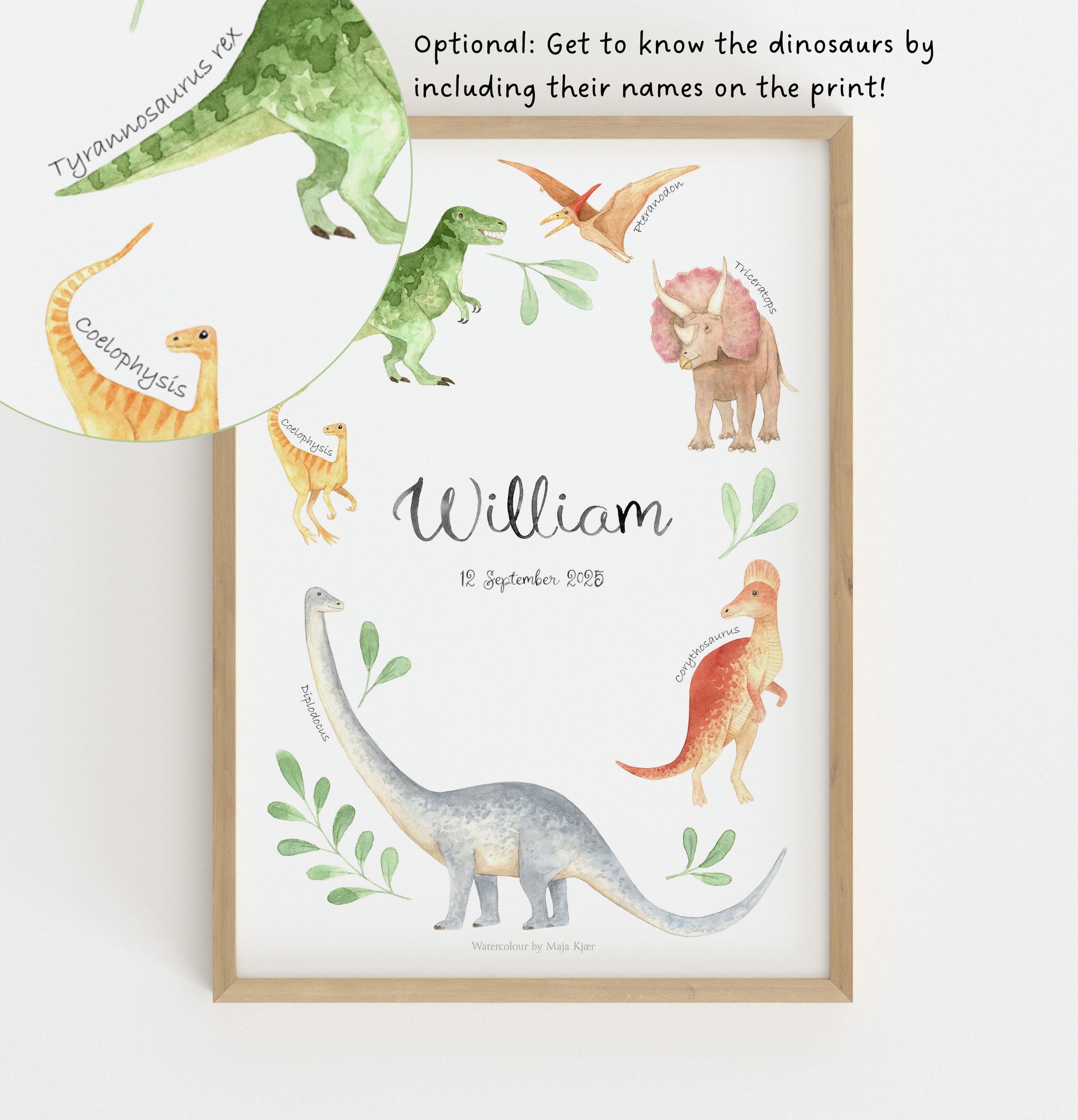 Framed print with dinosaur illustrations and a name on a white background