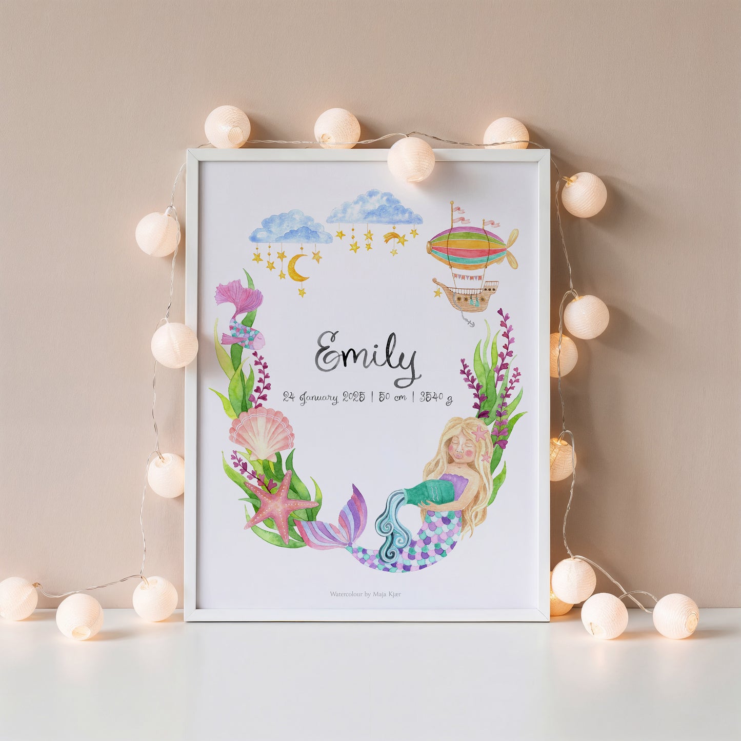 Personalised watercolour Aquarius zodiac poster for the nursery featuring a mermaid surrounded by sea life and sea grass 