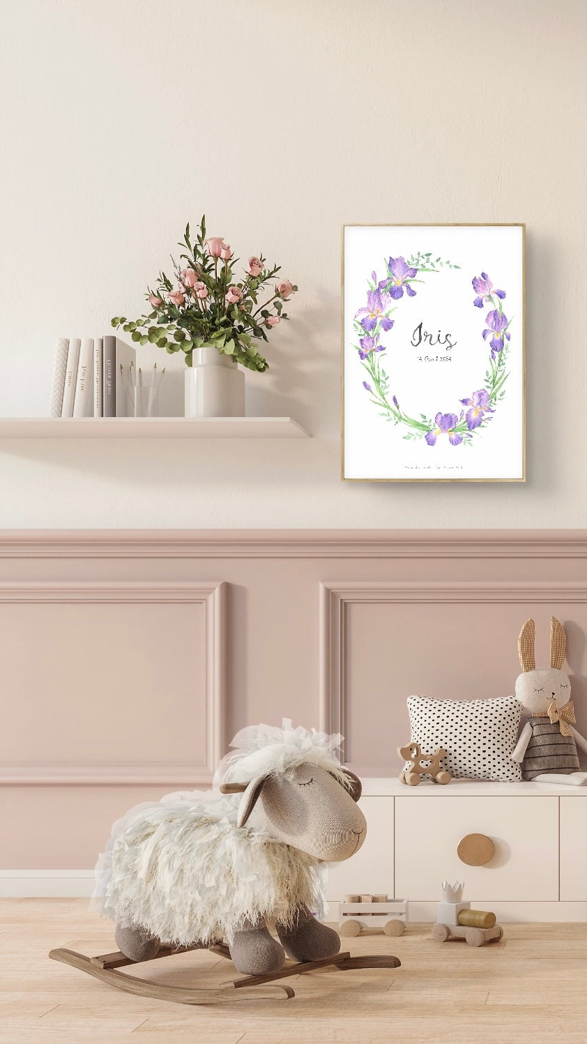 Custom name poster with purple irises framed on the wall in baby girls' nursery with soft pastel colours and nordic decor