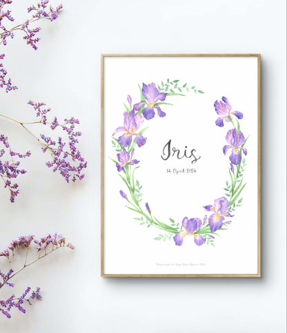 Watercolor name poster with purple irises, in a wooden frame, flat-lay with purple flowers