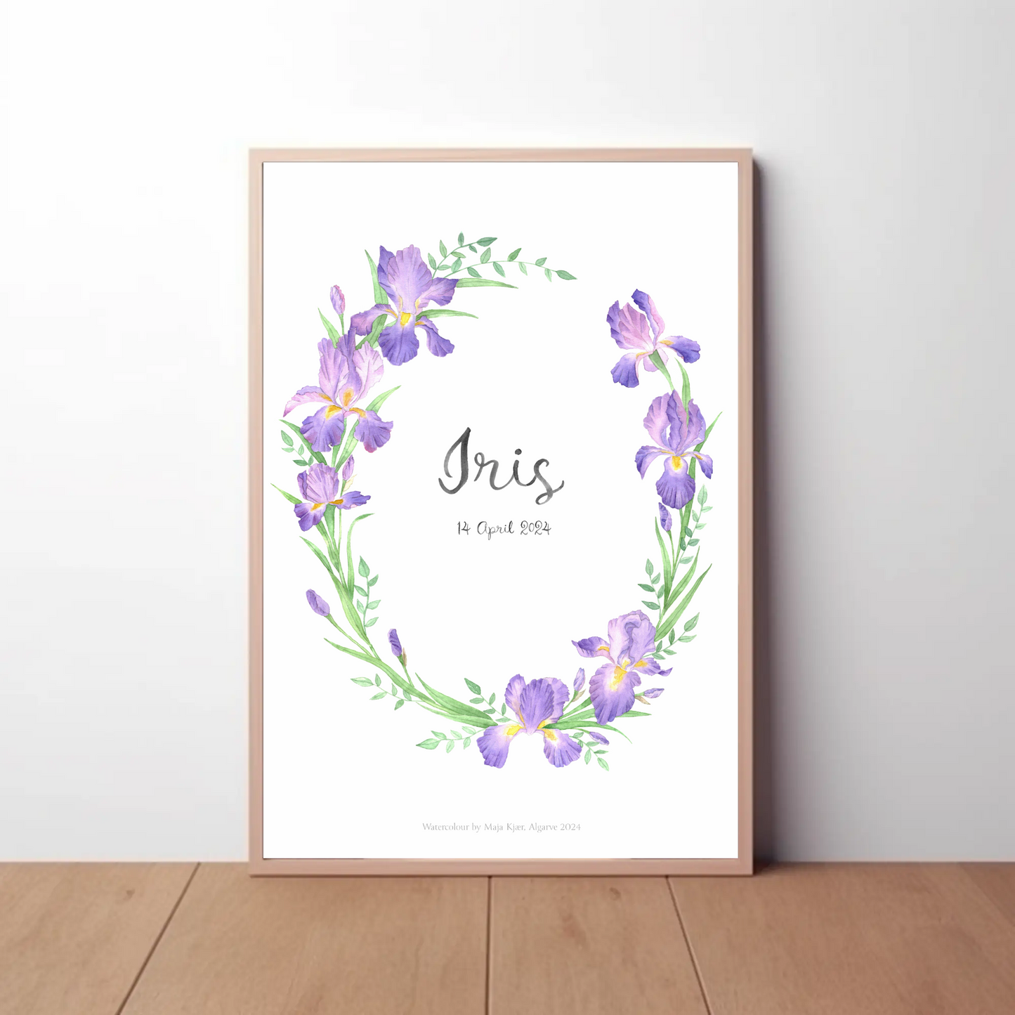 Watercolour name poster with purple irises, girls room decor