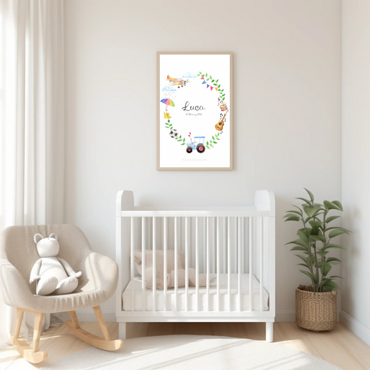 Watercolour name poster in minimalistic frame hanging on wall in nursery with crib, green plant and rocking chair