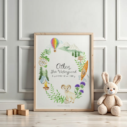 Framed children's zodiac print for Aries with nature-themed illustrations on a wall with a teddy bear and blocks.