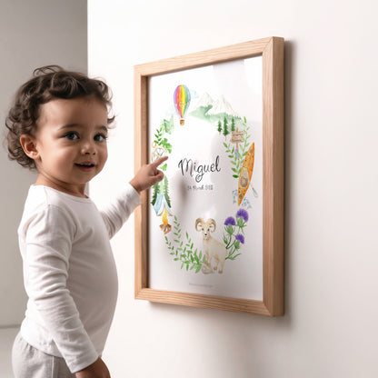 Child pointing at a framed illustration on a wall