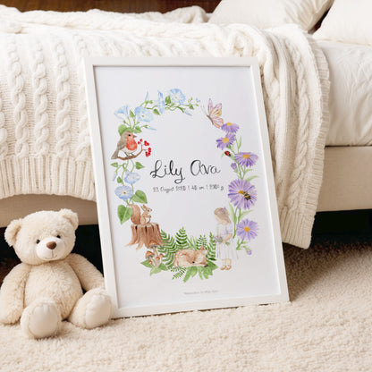 Personalised Virgo name poster with woodland animals and flowers, watercolour nursery wall art for girls