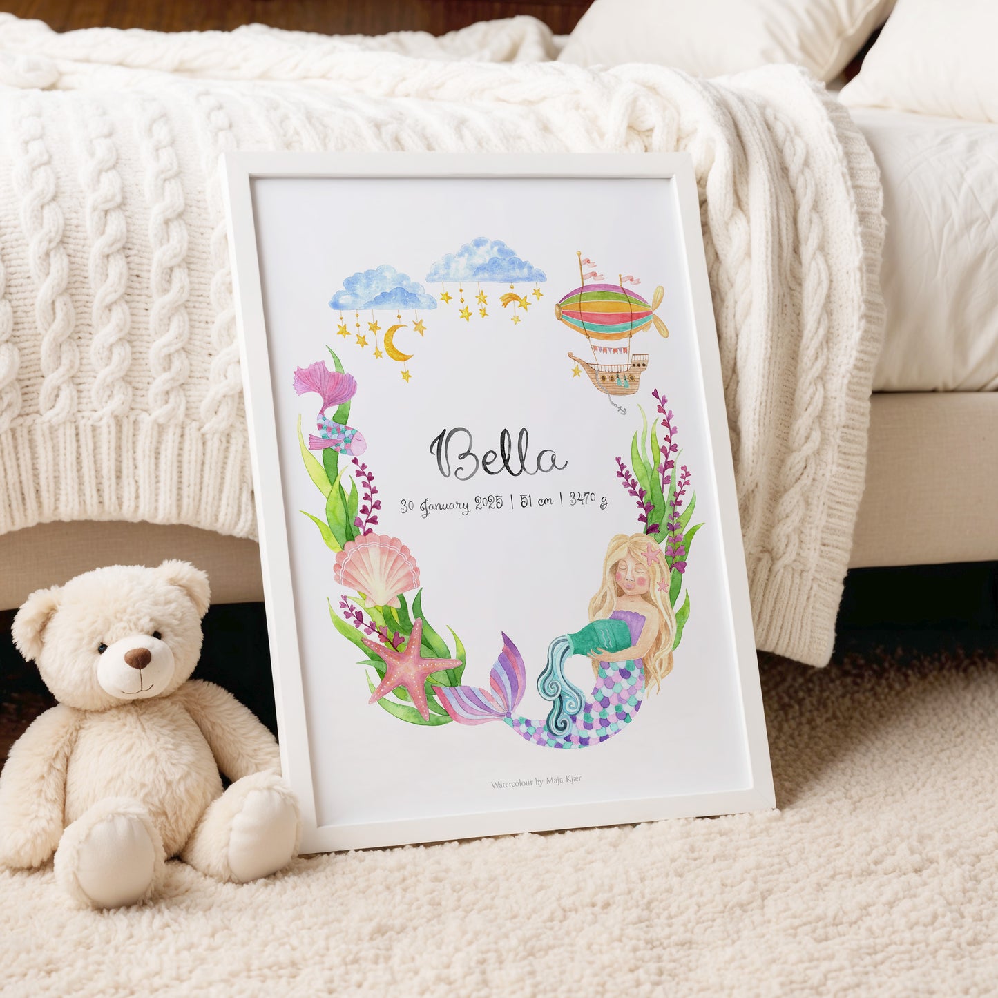 Aquarius zodiac name poster for girls with mermaid in an ocean-themed illustration with a magical airship sailing in the sky