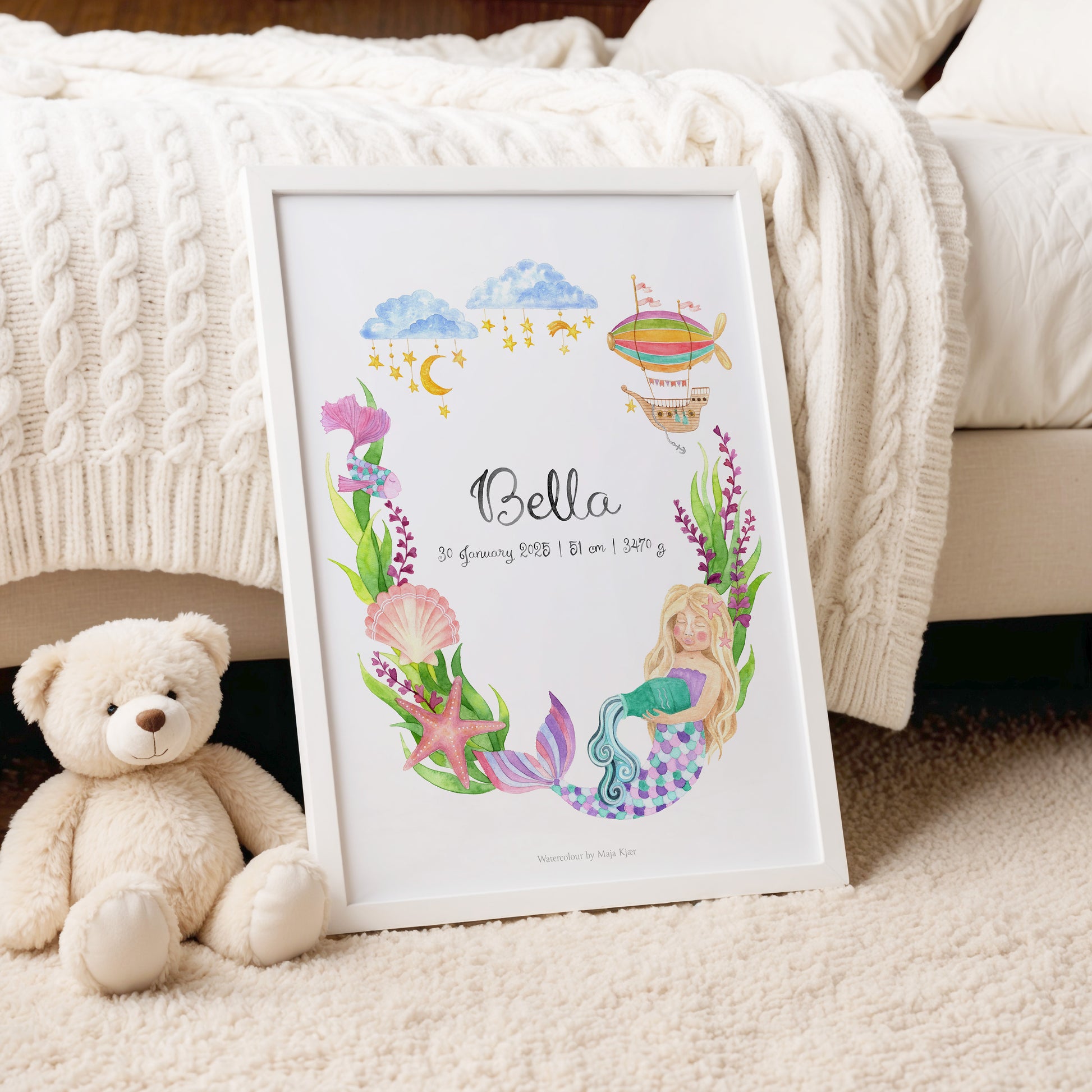 Aquarius zodiac name poster for girls with mermaid in an ocean-themed illustration with a magical airship sailing in the sky