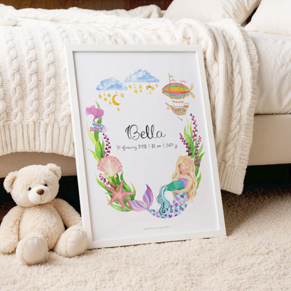 Aquarius zodiac name poster for girls with mermaid in an ocean-themed illustration with a magical airship sailing in the sky