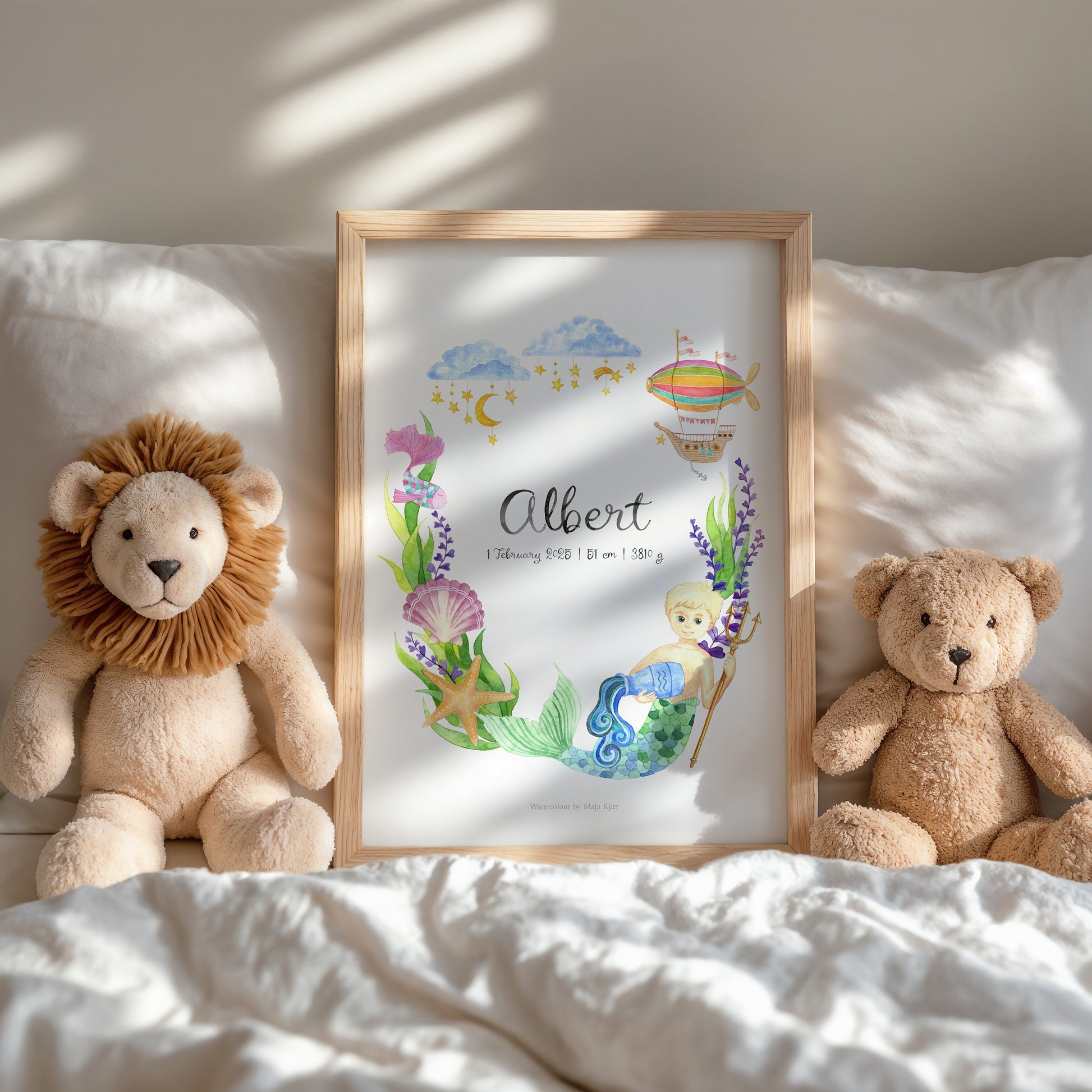 Personalised zodiac sign poster for boys with underwater theme and magical airship made to order with name and birth info