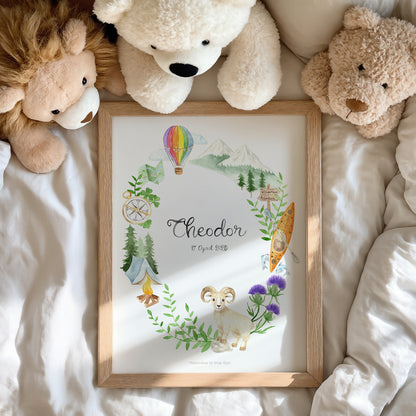 Framed artwork with illustrations and text, surrounded by teddy bears on a soft surface.