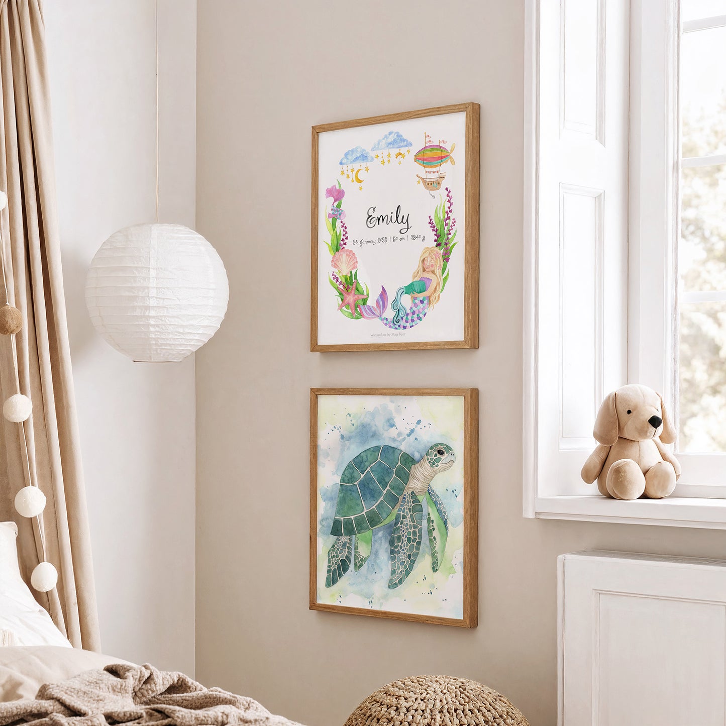 Custom watercolour Aquarius name print for the nursery, ocean-inspired with mermaid, seashells and sea creatures