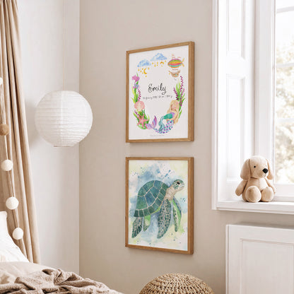 Custom watercolour Aquarius name print for the nursery, ocean-inspired with mermaid, seashells and sea creatures