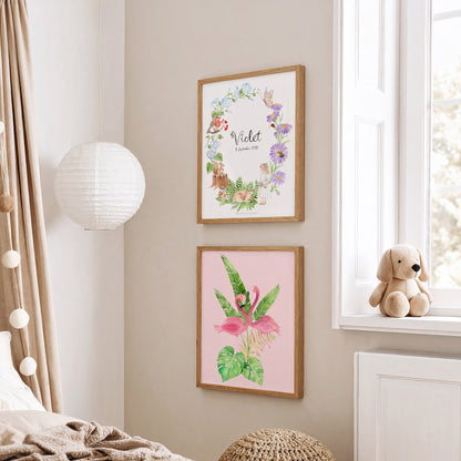 Virgo zodiac sign nursery poster with woodland animals and floral wreath, watercolour art by Maja Kjær