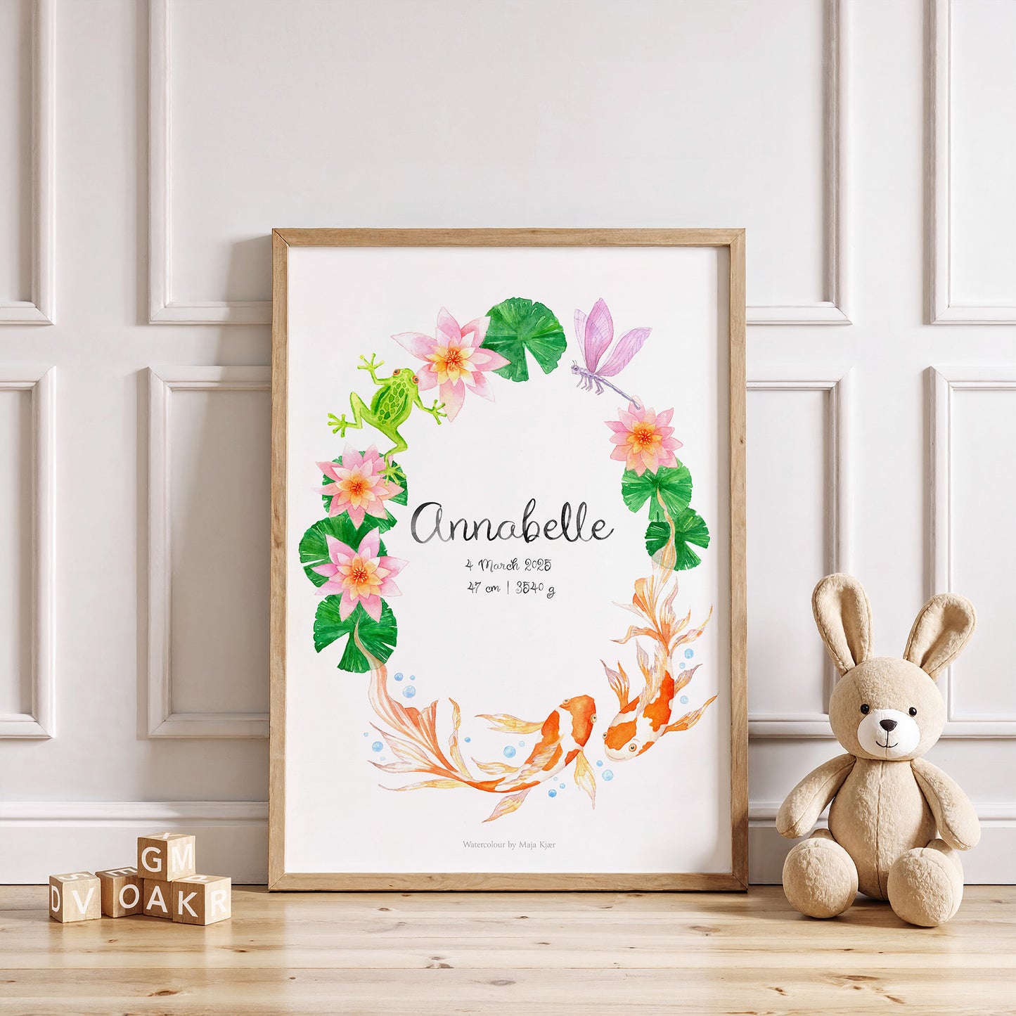 Framed zodiac sign poster for Pisces with baby name and birth details made to order