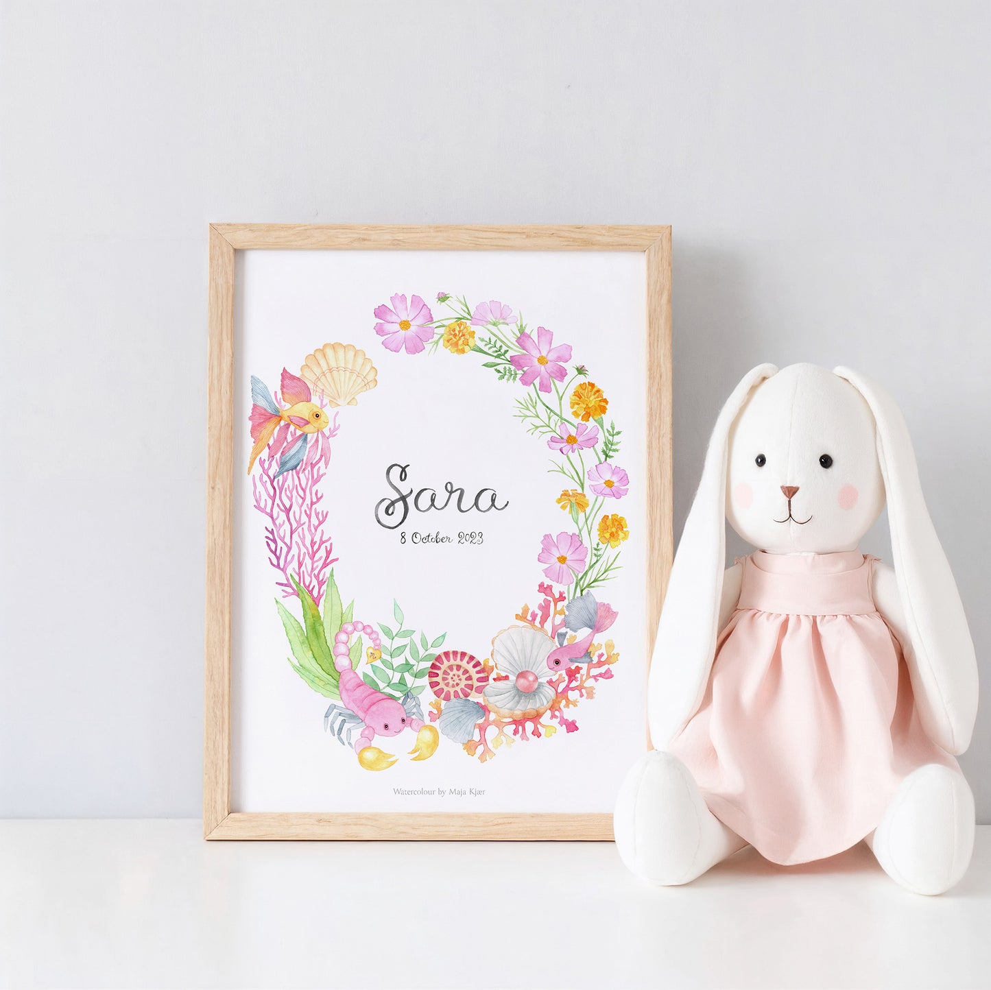 Framed zodiac sign poster for Scorpio girls with floral wreath, personalised with name and birthdate, next bunny stuffed animal 