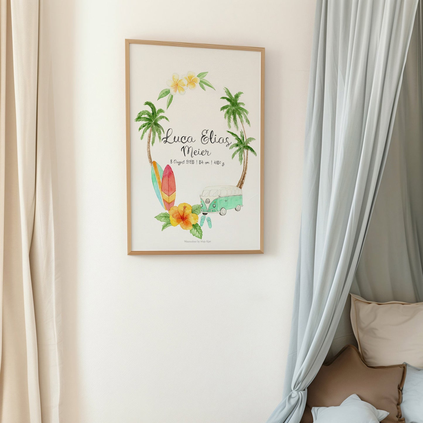 Children's bedroom with a framed artwork, teddy bear, and pillows on a bed.