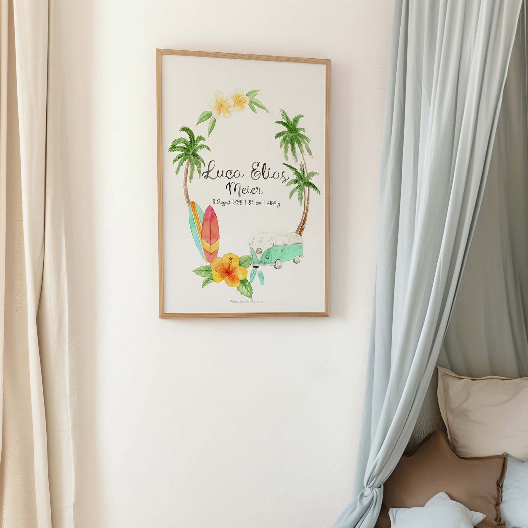 Children's bedroom with a framed artwork, teddy bear, and pillows on a bed.