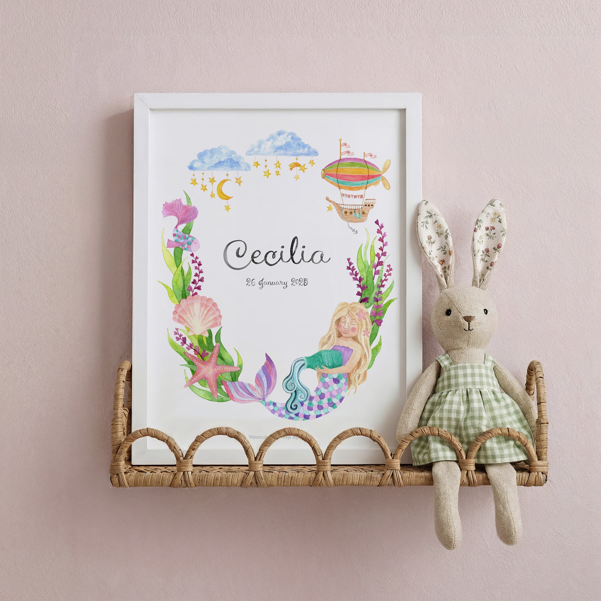 Baby girl name and birth print with zodiac sign Aquarius, featuring a mermaid in a magical underwater world