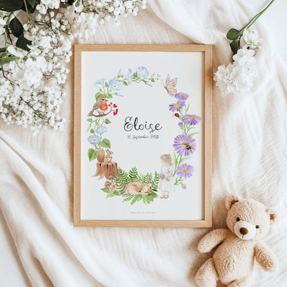 Woodland theme personalised name print for Virgo baby, with squirrel, fawn, robin, and butterfly illustration