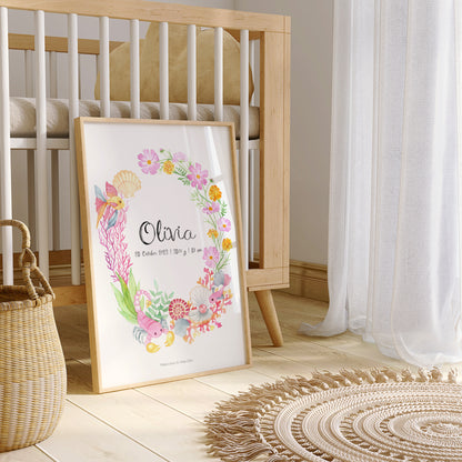Framed artwork with floral design of Scorpio zodiac sign and name 'Olivia' in a nursery setting.
