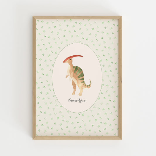 A framed art print featuring a watercolor illustration of a Parasaurolophus dinosaur in the center, surrounded by a light green leaf pattern on a cream background, enclosed in a natural wood frame.