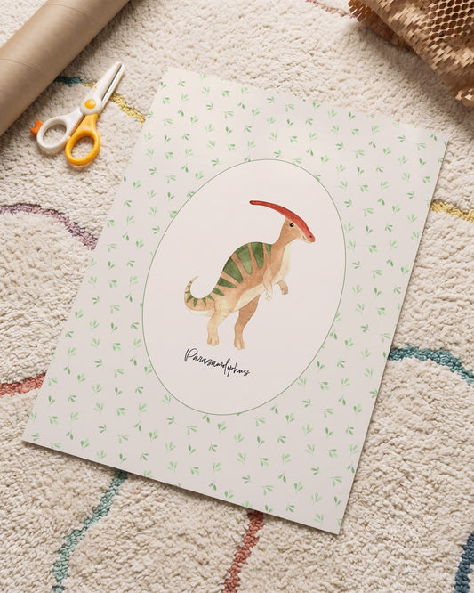 A children's art print featuring a watercolor illustration of a Parasaurolophus dinosaur, displayed on a textured beige rug