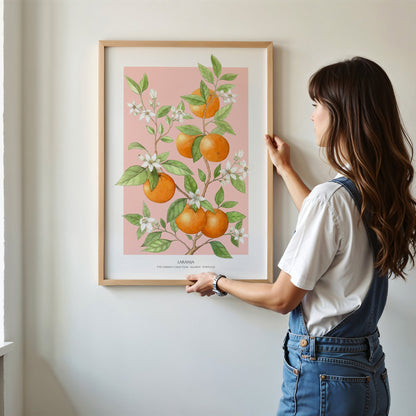 Woman hanging a framed botanical print of oranges on a wall.