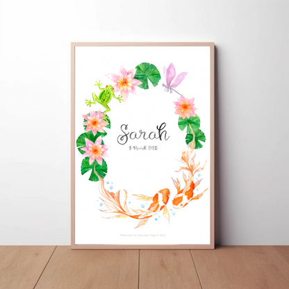 Framed artwork with floral design and 'Sarah' text on a white background