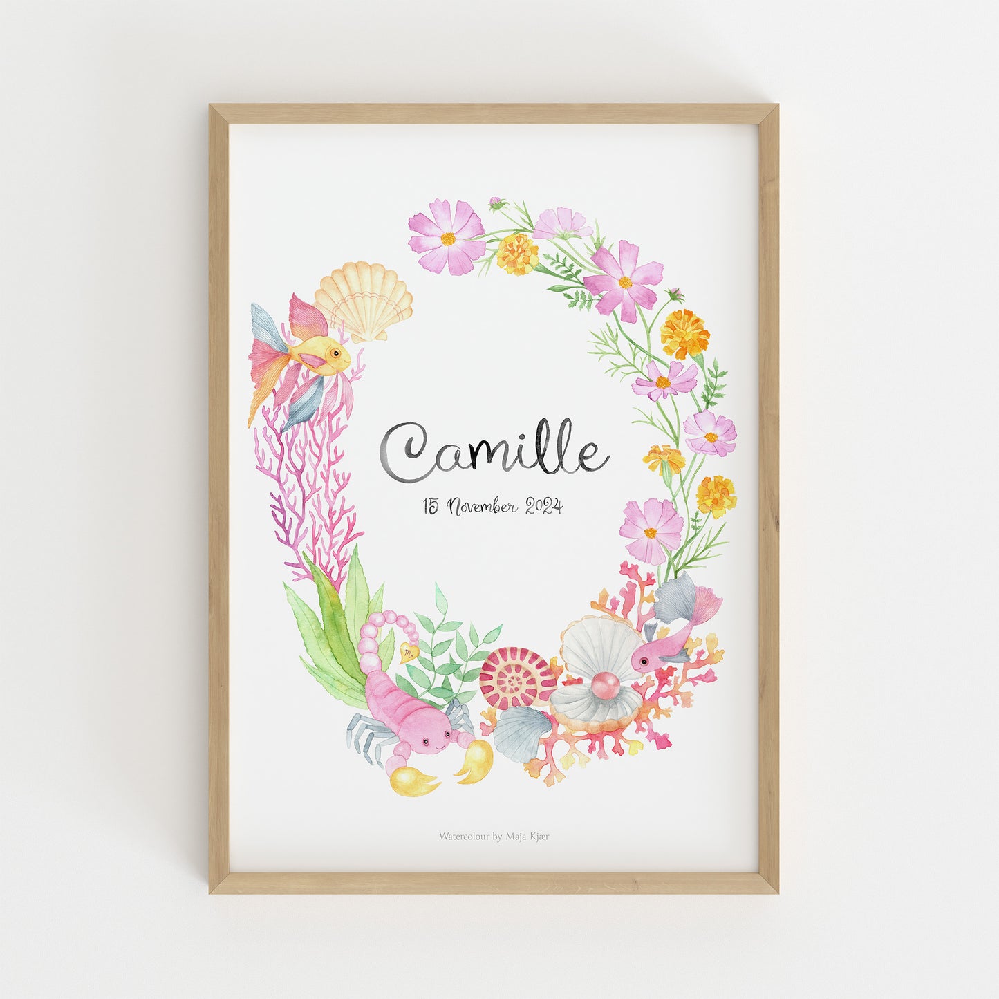 Framed watercolour zodiac sign poster for Scorpio children with floral design and name 'Camille' on a white background