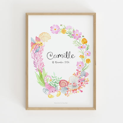 Framed watercolour zodiac sign poster for Scorpio children with floral design and name 'Camille' on a white background