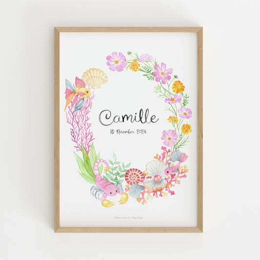 Framed watercolour zodiac sign poster for Scorpio children with floral design and name 'Camille' on a white background