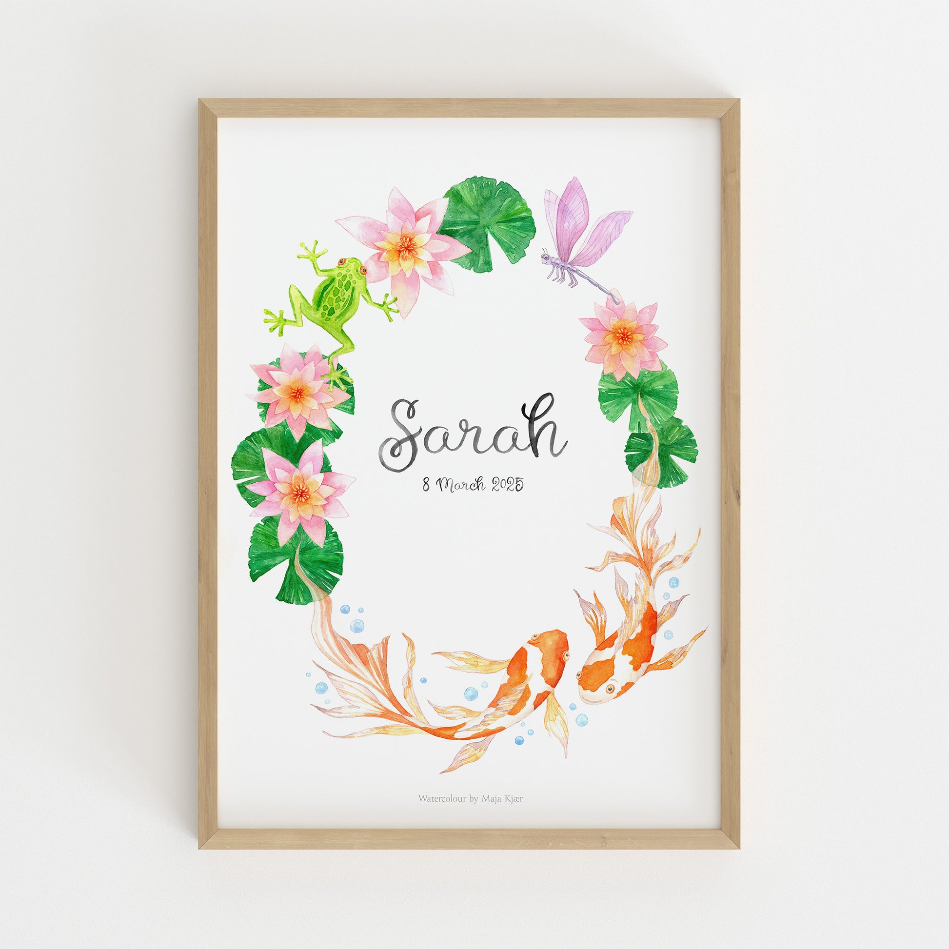 Personalised Pisces zodiac sign baby name poster with koi carp, waterlilies, a frog and a dragonfly painted in watercolours