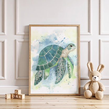 Framed artwork of a watercolour sea turtle on a wall with a teddy bear and wooden blocks below.