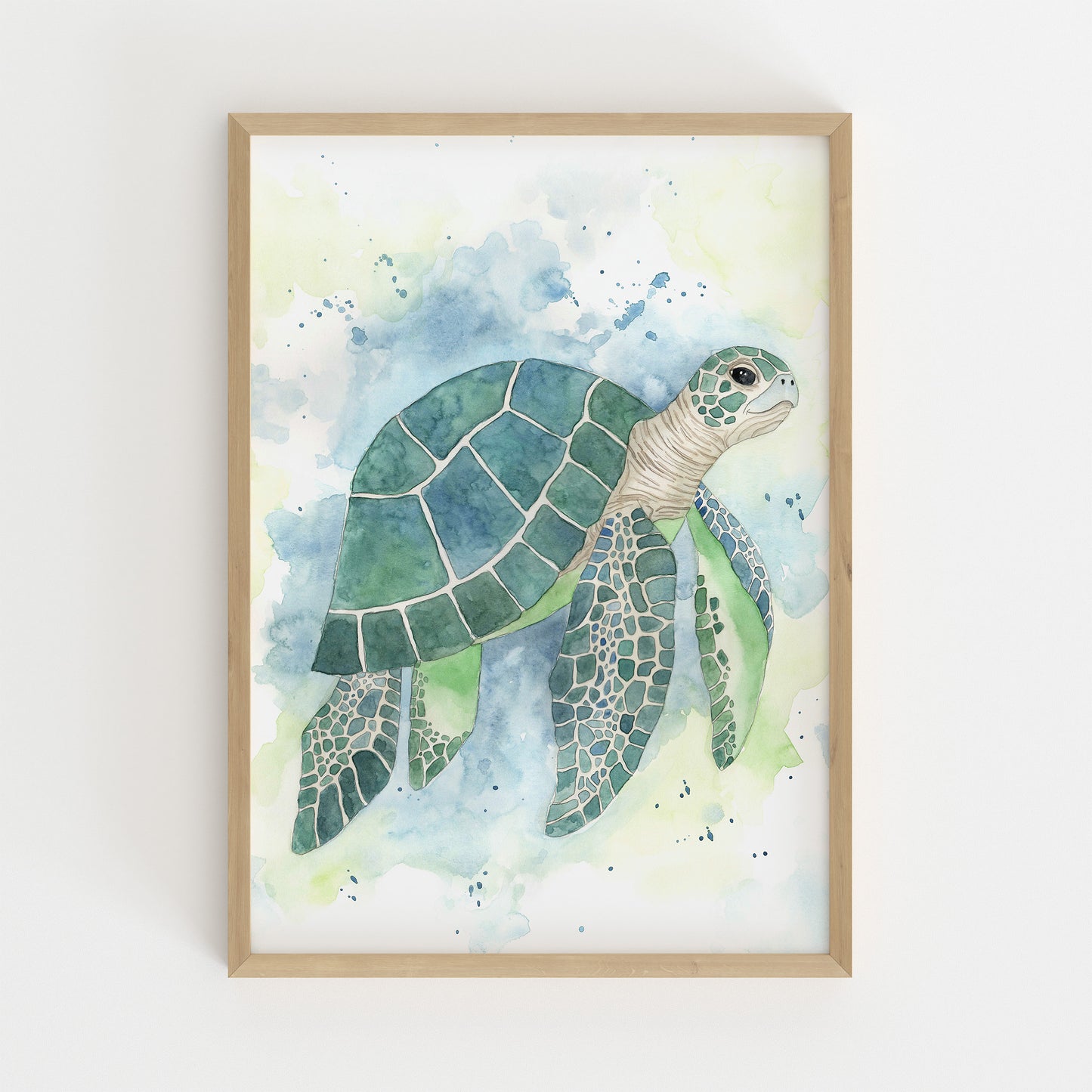 Framed artwork of a sea turtle on a watercolor background, nursery poster