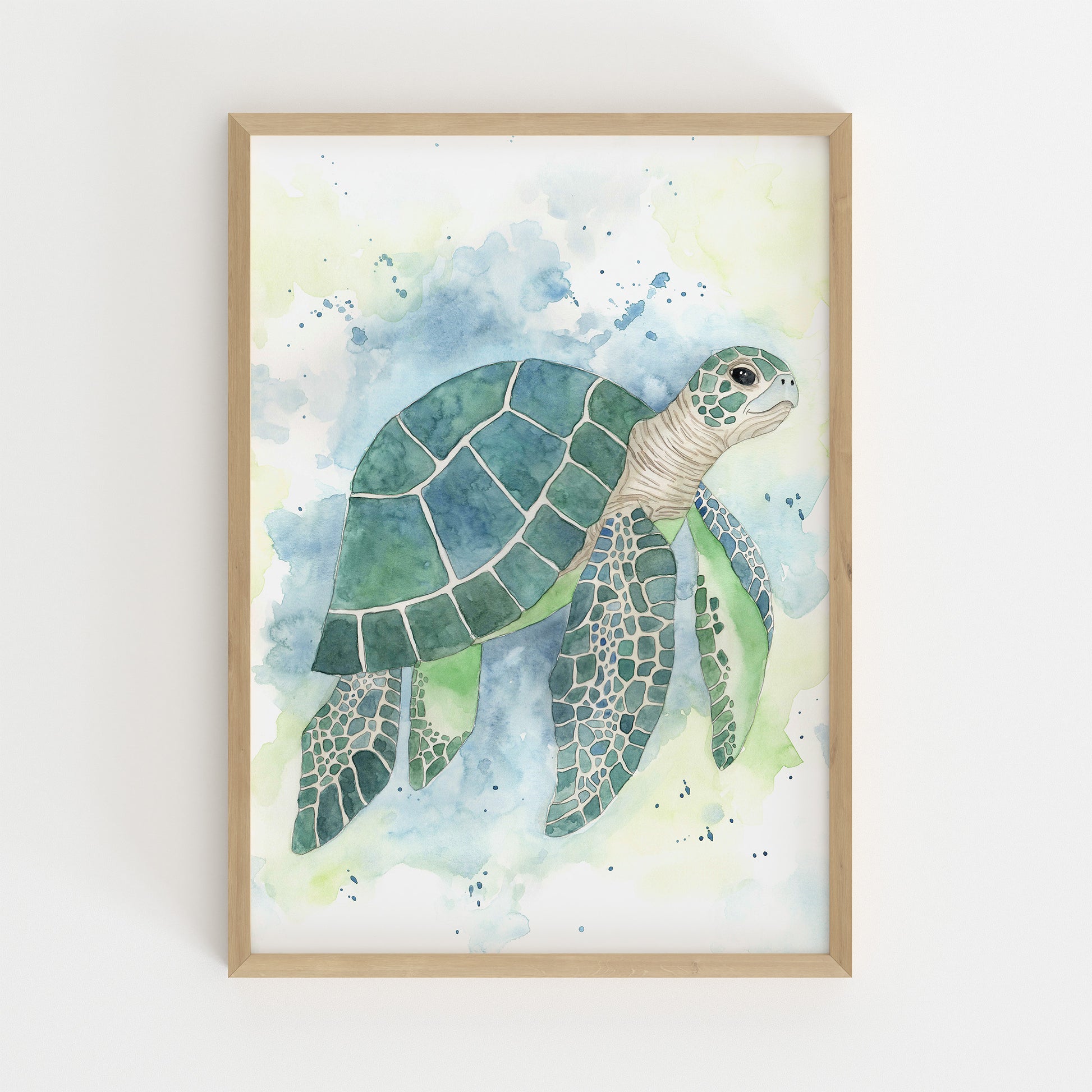 Framed artwork of a sea turtle on a watercolor background, nursery poster